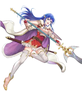Anime Female Warrior with Blue Hair and Spear in Action Pose