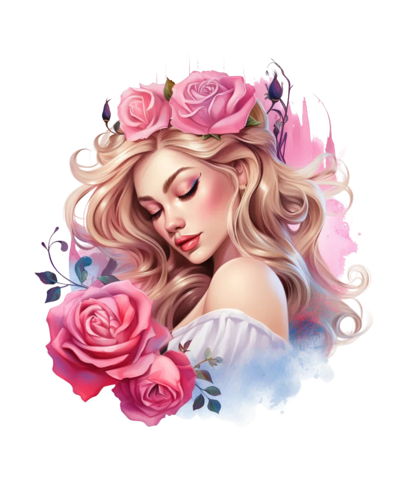 Elegant Blonde Woman with Pink Rose Floral Crown and Bouquet