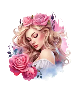 Elegant Blonde Woman with Pink Rose Floral Crown and Bouquet