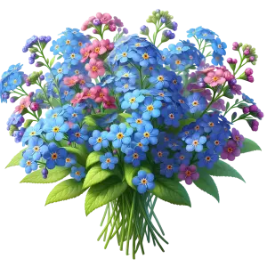 Bouquet of Blue and Pink Forget-Me-Not Flowers with Green Leaves