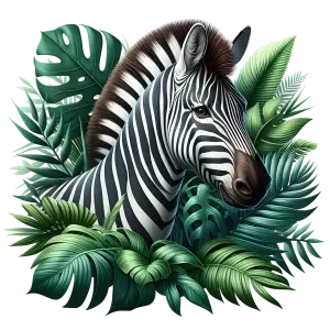 Realistic Zebra Head Surrounded by Tropical Leaves