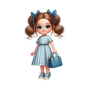 Cute little girl in blue striped dress holding handbag