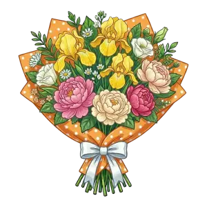 Colorful Floral Bouquet with Yellow Irises and Pink Peonies Wrapped in Orange Polka Dot Paper
