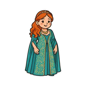 Cartoon Red-haired Princess in Embroidered Green Gown with Tiara