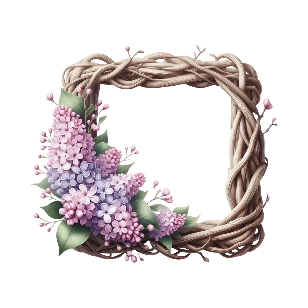 Natural Wood Vine Frame with Lilac Flowers