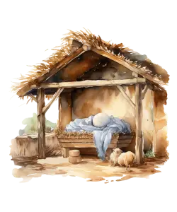 Watercolor Nativity Stable Scene with Baby and Sheep