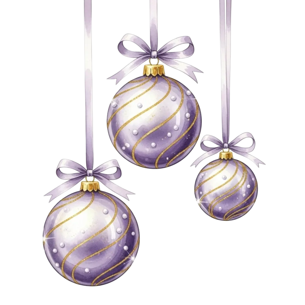 Three Purple and Gold Christmas Baubles Hanging with Ribbon