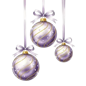 Three Purple and Gold Christmas Baubles Hanging with Ribbon