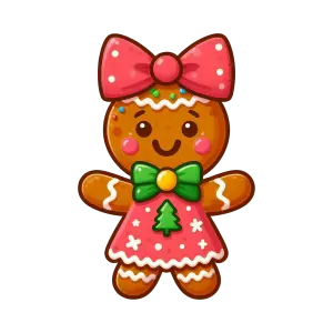 Cute Festive Gingerbread Girl with Pink Bow and Dress