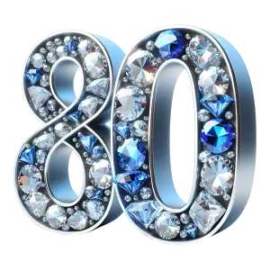3D Number 80 Decorated with Blue and Clear Gemstones