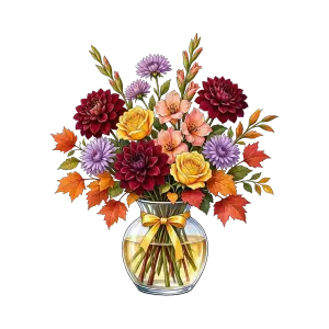 Autumn Floral Bouquet in Glass Vase with Yellow Ribbon