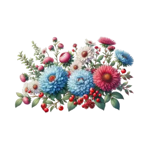 Detailed Floral Bouquet with Blue, Pink, and White Flowers and Red Berries