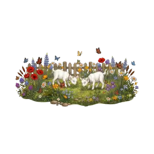 Two White Baby Goats in Flower Garden with Butterflies