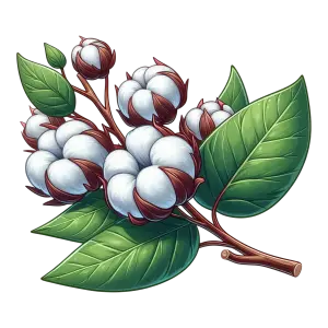 Illustration of Cotton Plant with White Cotton Bolls and Green Leaves