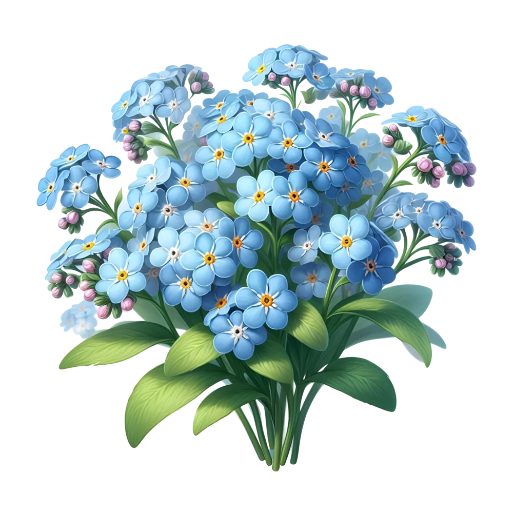 Bouquet of Blue Forget-Me-Not Flowers with Green Leaves
