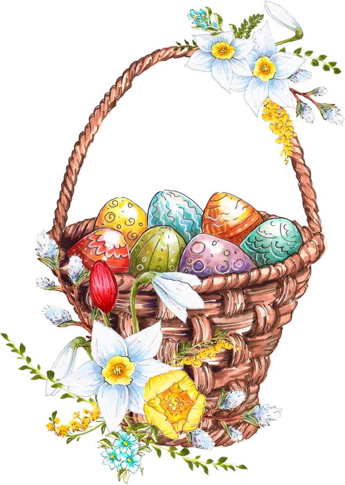 Handwoven Easter Basket with Colorful Painted Eggs and Spring Flowers