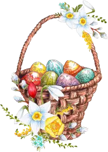 Handwoven Easter Basket with Colorful Painted Eggs and Spring Flowers