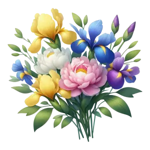 Colorful Bouquet of Spring Flowers with Irises and Peonies