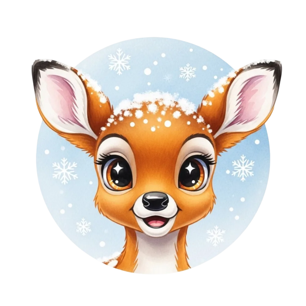 Cute Cartoon Deer Face with Snowflakes