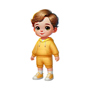 Cute Cartoon Boy in Yellow Hoodie and Shorts