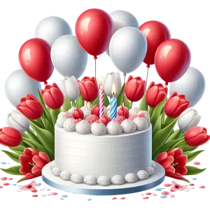 White Birthday Cake with Red and White Tulips and Balloons