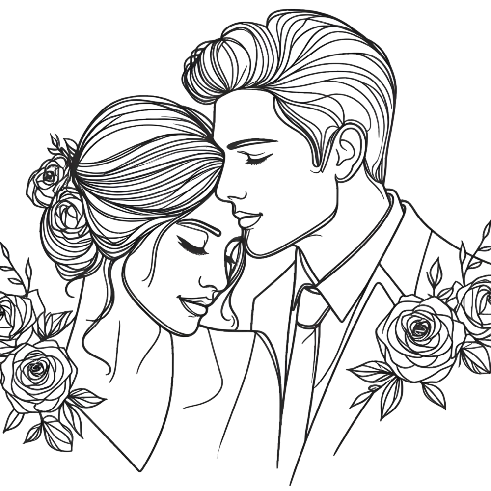 Line Art of Romantic Couple with Roses