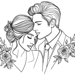 Line Art of Romantic Couple with Roses