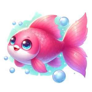 Cute Cartoon Pink Goldfish with Blue Eyes and Bubbles