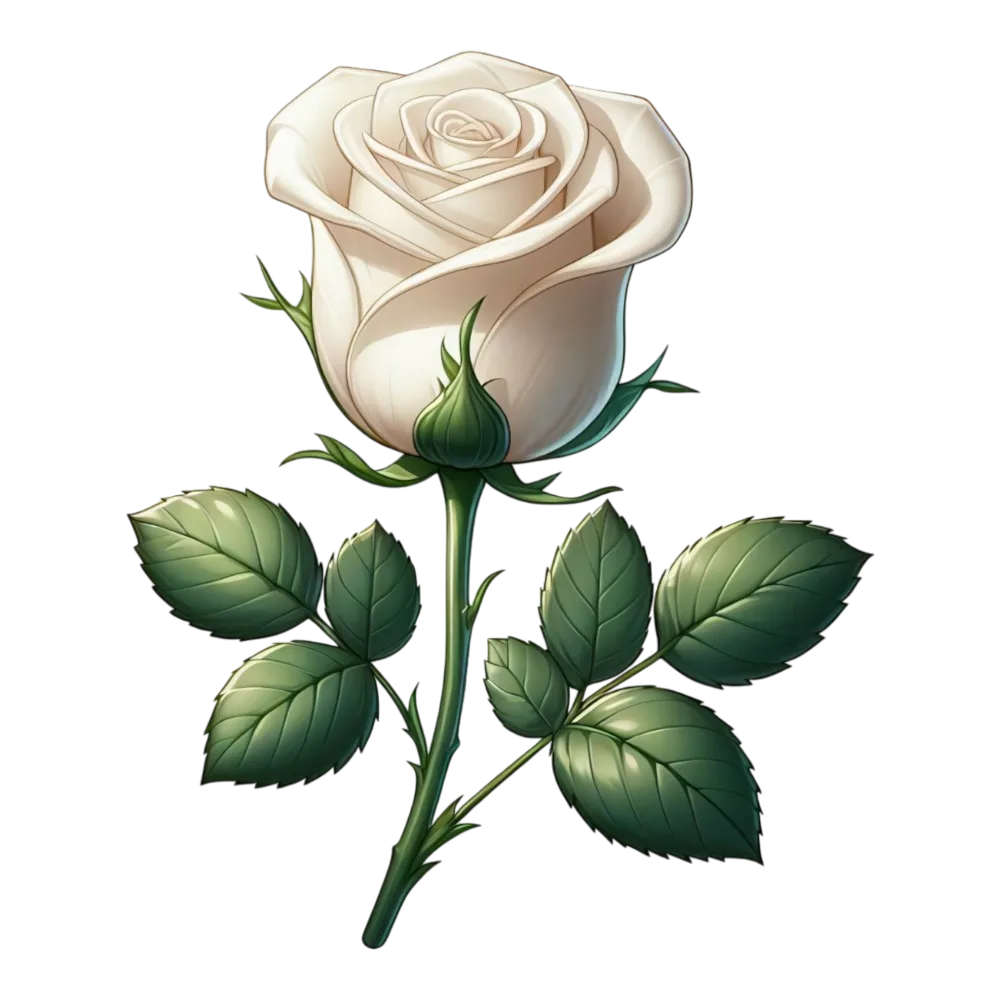 Detailed White Rose with Green Leaves PNG