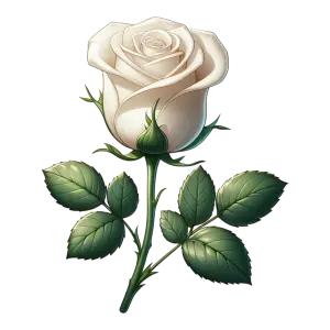Detailed White Rose with Green Leaves PNG