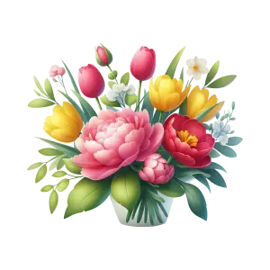 Colorful Bouquet of Tulips and Peonies with Green Leaves