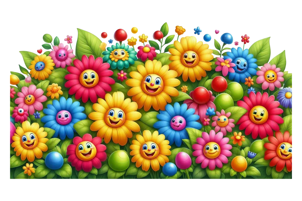 Colorful Cartoon Flowers with Smiling Faces and Green Leaves