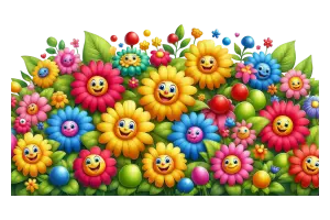 Colorful Cartoon Flowers with Smiling Faces and Green Leaves
