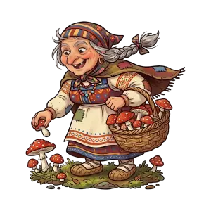 Cartoon Illustration of Elderly Woman Harvesting Red Mushrooms
