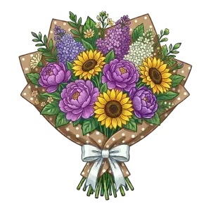 Colorful Mixed Flower Bouquet with Sunflowers and Lilacs