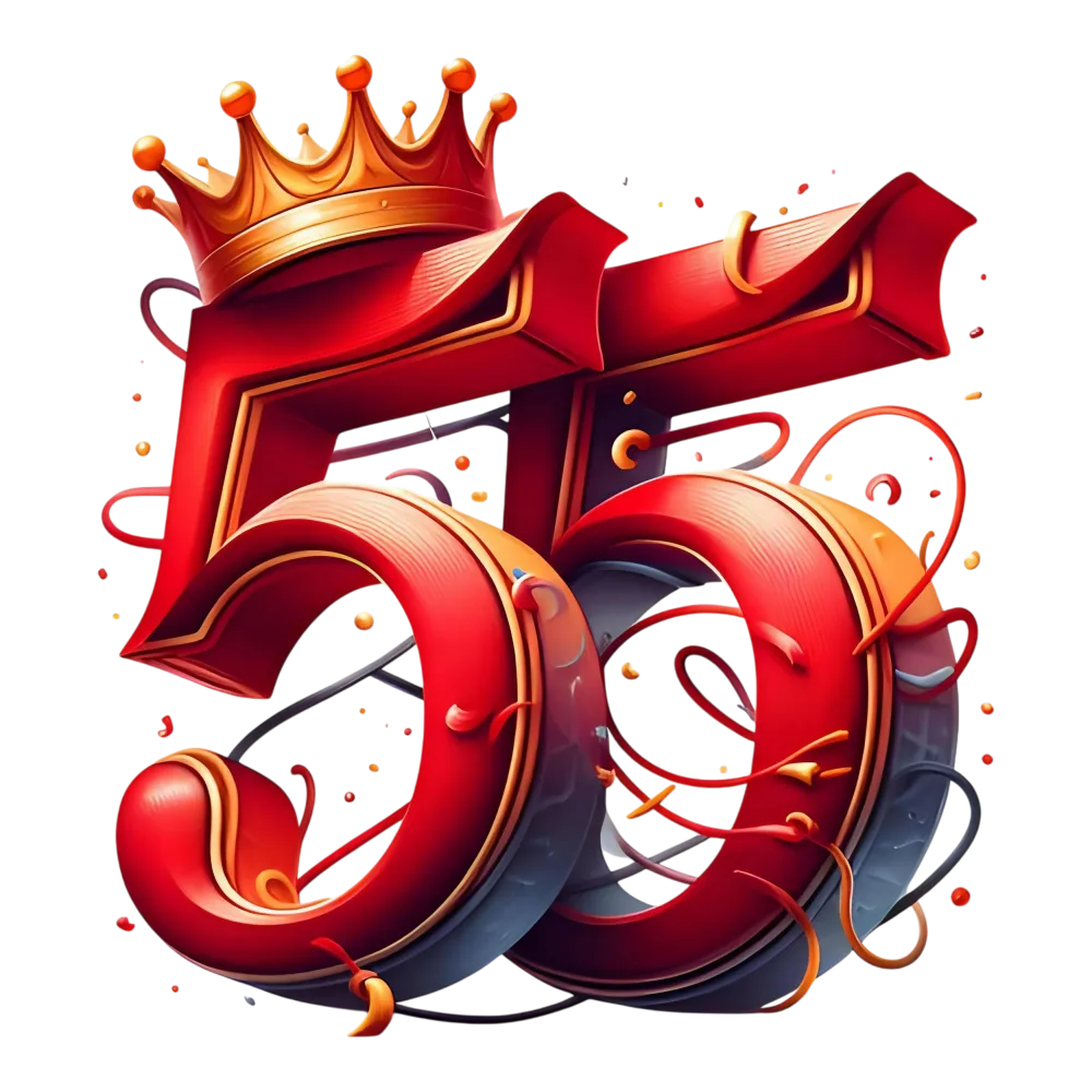3D Red Number 55 with Golden Crown and Decorative Elements