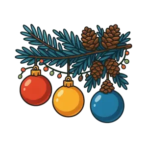 Christmas evergreen branch with pine cones and colorful baubles