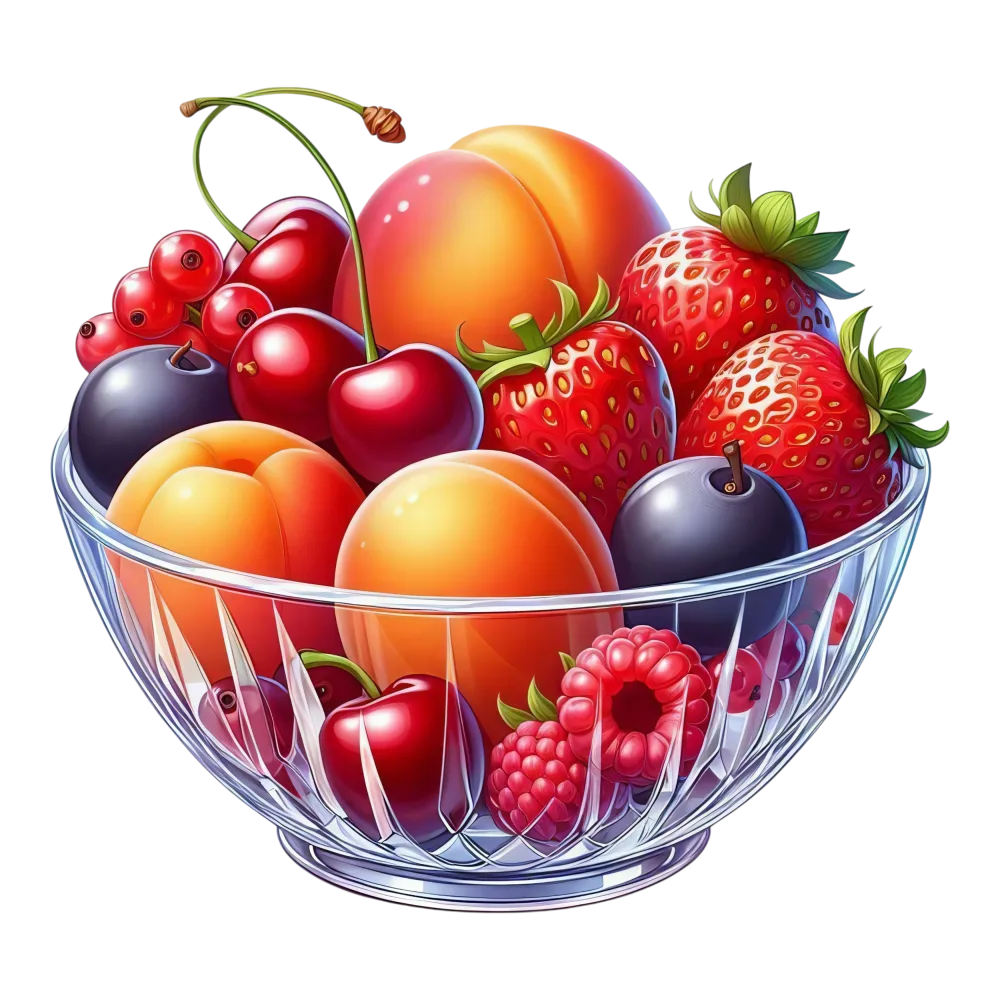 Glass Bowl Filled with Fresh Mixed Berries and Stone Fruits