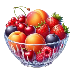 Glass Bowl Filled with Fresh Mixed Berries and Stone Fruits