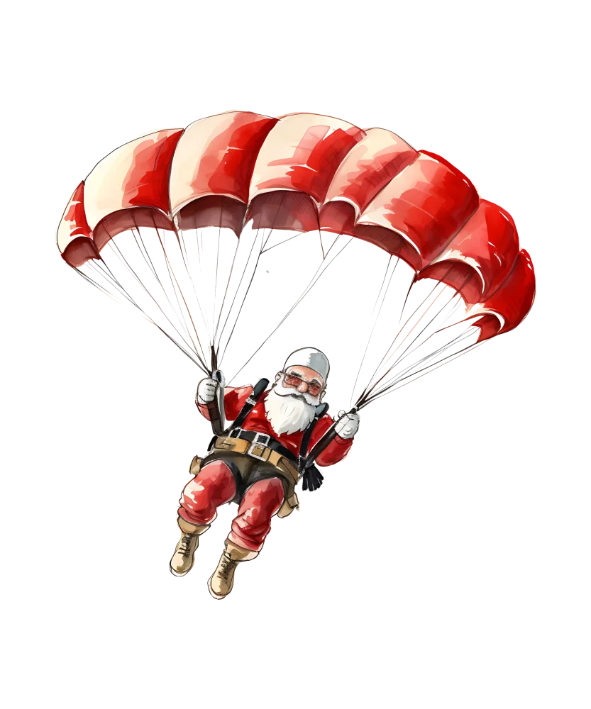 Santa Claus Parachuting with Red and White Canopy