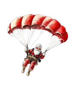 Santa Claus Parachuting with Red and White Canopy