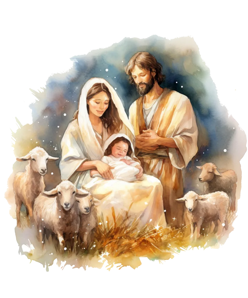 Nativity Scene with Mary, Joseph, Baby Jesus and Sheep