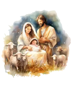 Nativity Scene with Mary, Joseph, Baby Jesus and Sheep