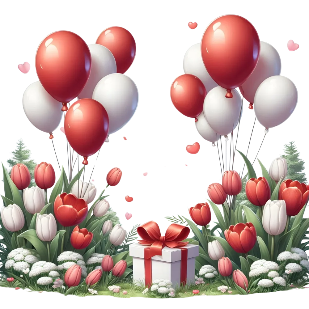 Red and White Balloons with Tulip Flowers and Gift Box