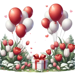 Red and White Balloons with Tulip Flowers and Gift Box