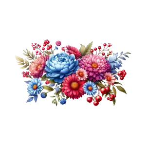 Colorful Floral Bouquet with Blue and Pink Flowers and Red Berries