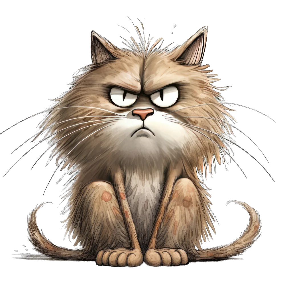Angry Cartoon Cat Sitting with Grumpy Expression