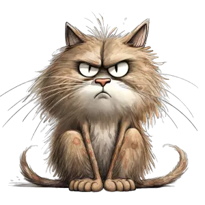 Angry Cartoon Cat Sitting with Grumpy Expression