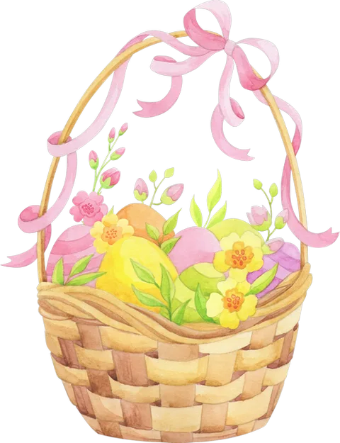 Watercolor Easter Basket with Colored Eggs and Pink Ribbon