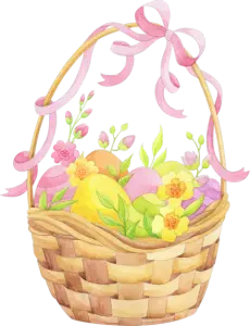 Watercolor Easter Basket with Colored Eggs and Pink Ribbon